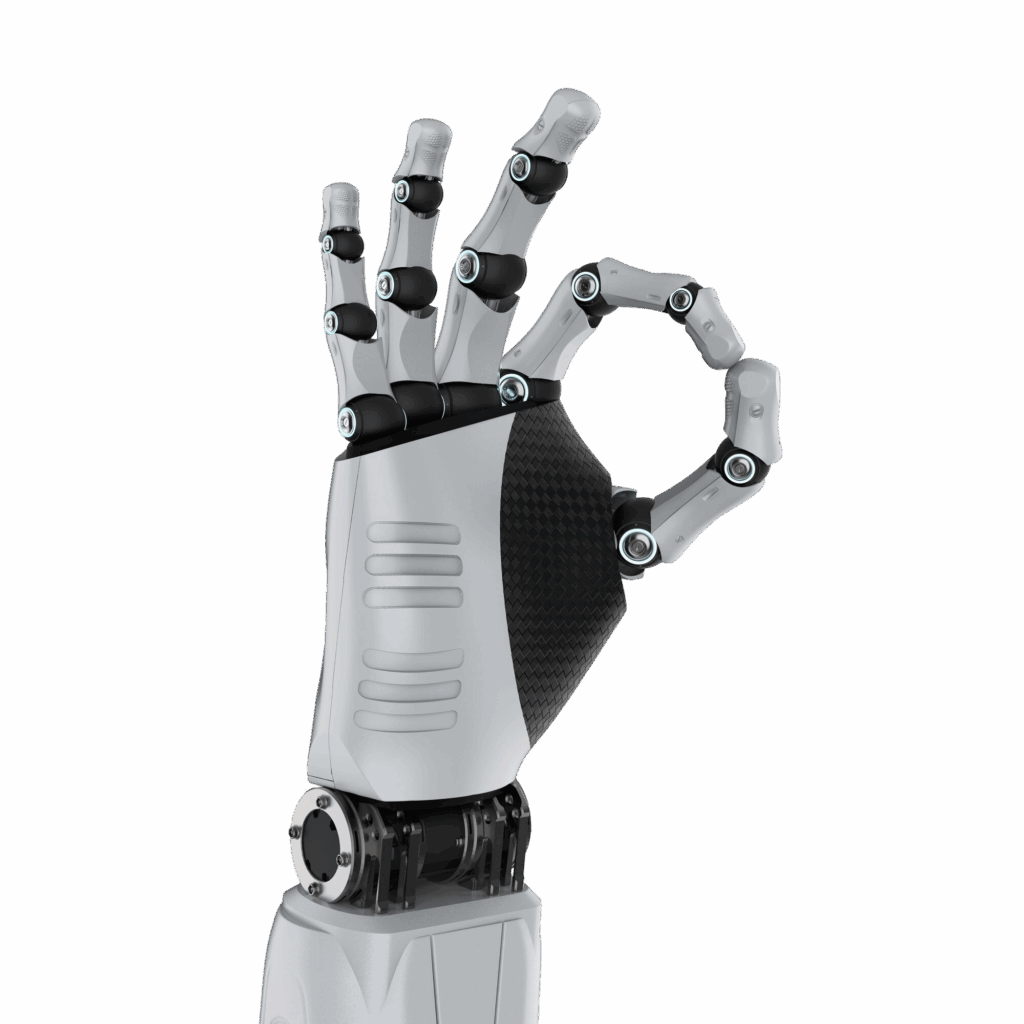 Cierra | Mano robótica 3D haciendo el gesto de 'OK' para indicar resultados exitosos de los agentes de IA.